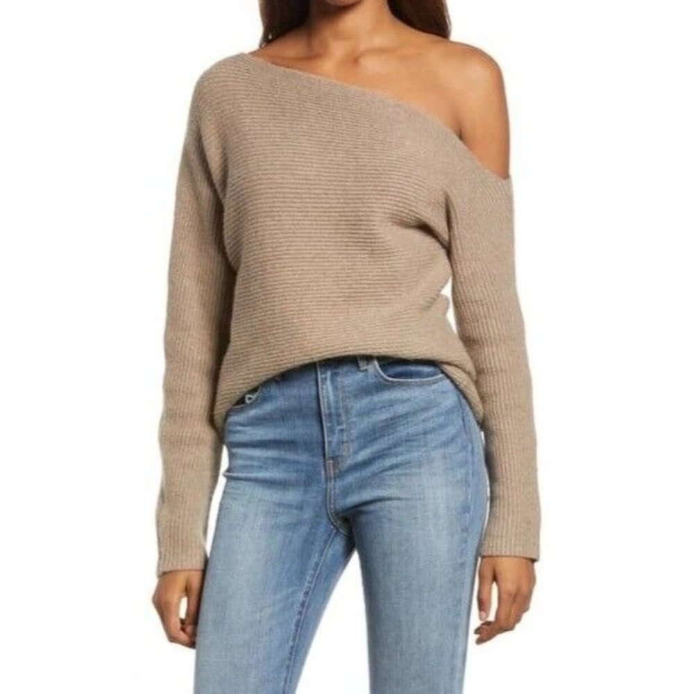 Treasure & Bond Ribbed One-shoulder Pullover In Brown Shitake Heather Size M NWT